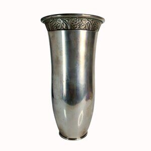 Vintage Pottery Barn Silver-Plated Vase With Ornate Grape & Leaf Design